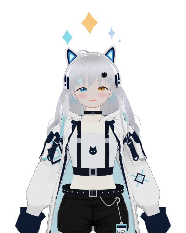 Lucia, the Luciazero mascot, as a 3D model with cat-ear headphones
